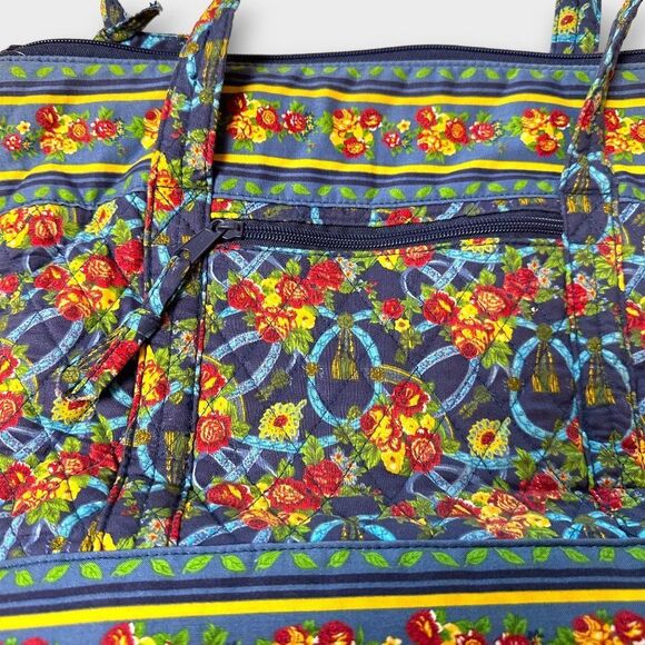 Blue Cotton Tote Handbag Red and Yellow Floral Pattern - Picture 2 of 7